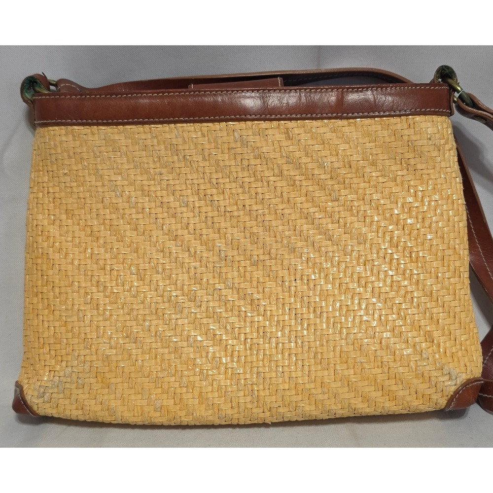 Vintage Fossil Woven Straw Leather Trim Bag Brown Tan Summer Boho Shoulder